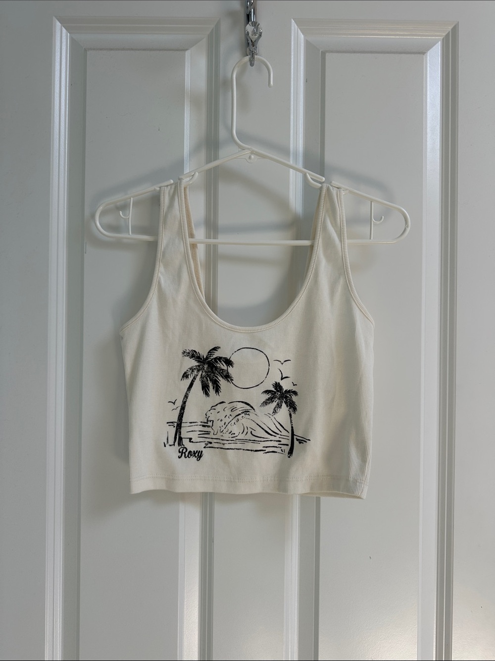 Roxy White Cropped Tank Top with Black Palm Beach Graphic